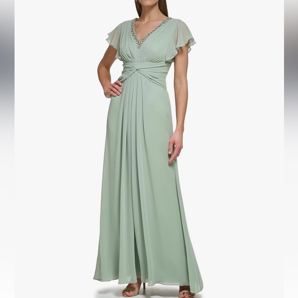 ELIZA J sage green Twist Waist Chiffon Flutter Sleeve Beaded Vneck Dress 16‎ New